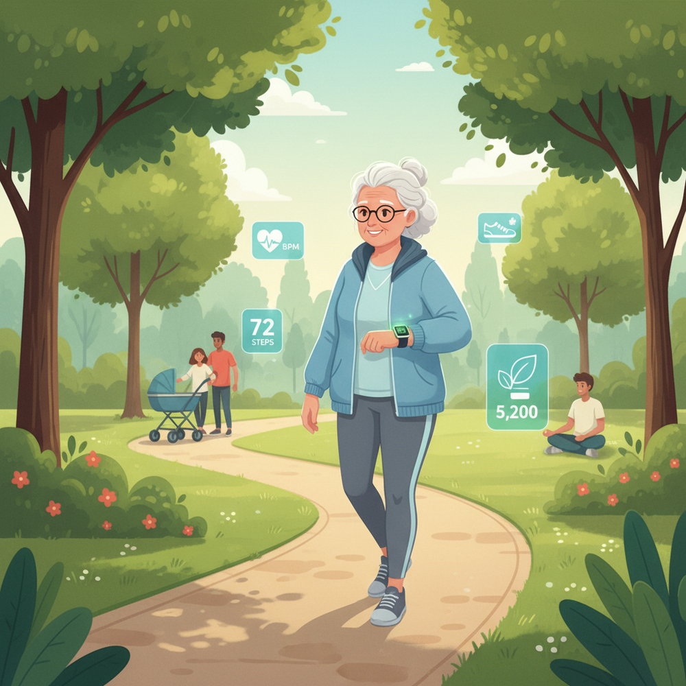 Elderly woman walking with health monitoring